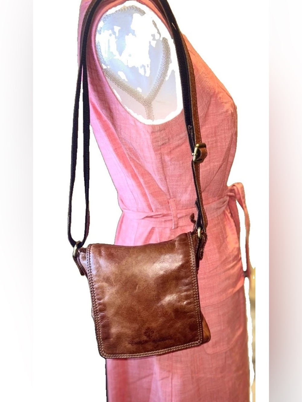 Vintage Marco Daniela Italian 100% Leather Cognac Brown Distressed Crossbody Bag